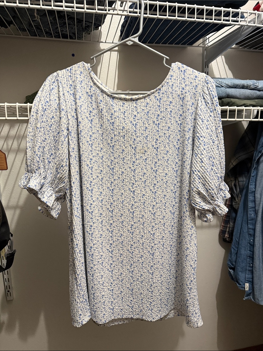 Light Blue Floral Puff Sleeve Long-Sleeve Dress